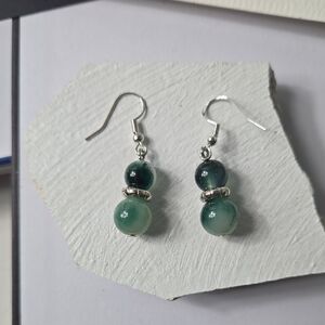 Silver Tone Green Gemstone  Beaded Earrings 925 Hooks